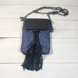 Woven Crossbody‎ Cell Phone Bag with Tassels Chain Strap Blue Black Purse